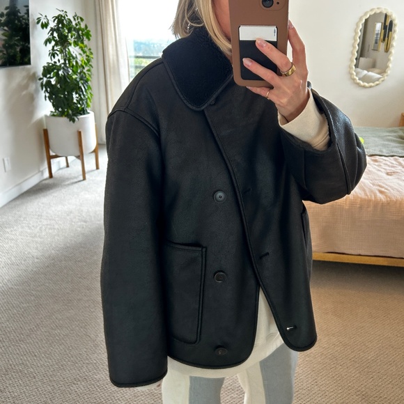 Zara DOUBLE FACED JACKET ZW COLLECTION OVERSIZED COAT BLACK XS Shearling - Picture 5 of 8